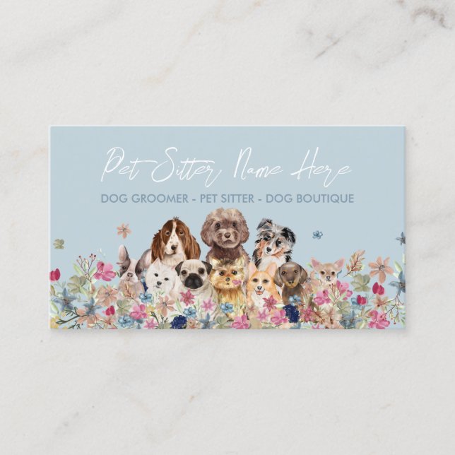 Carte De Visite Bleu Simple Chien race Chiot Grooming Petsitter (Devant)