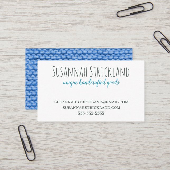 Carte De Visite Bleu tricoté de retour Handcrafted (Devant/Arrière en situation)