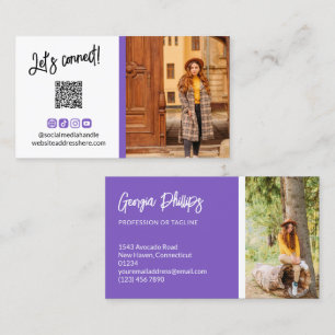 Carte De Visite Bleu Violet Social Media Icons QR Code Photo