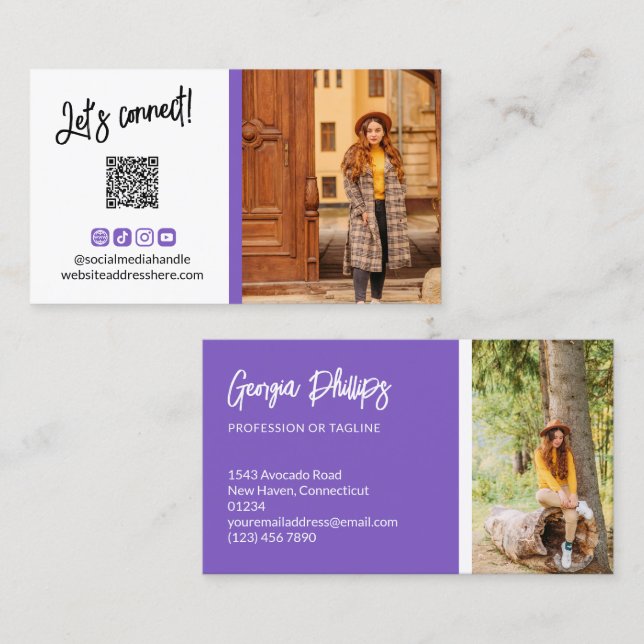 Carte De Visite Bleu Violet Social Media Icons QR Code Photo (Devant / Derrière)