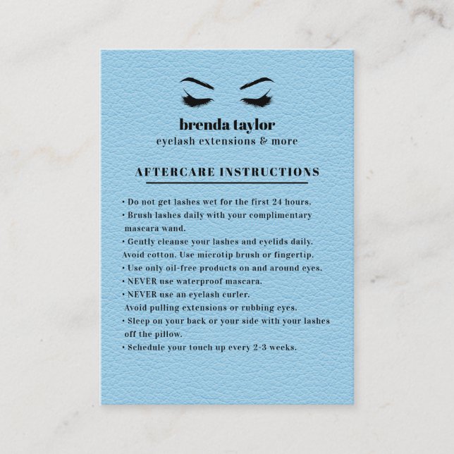 Carte De Visite BLEUE Suede Eyelash Browbar Instructions de suivi (Devant)
