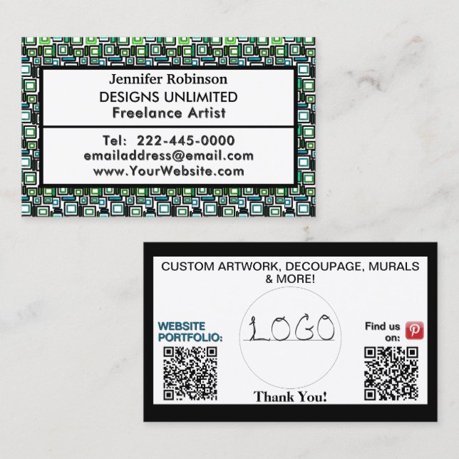 Carte De Visite Blocs géométriques bleus vert QR Code Logo (Devant / Derrière)