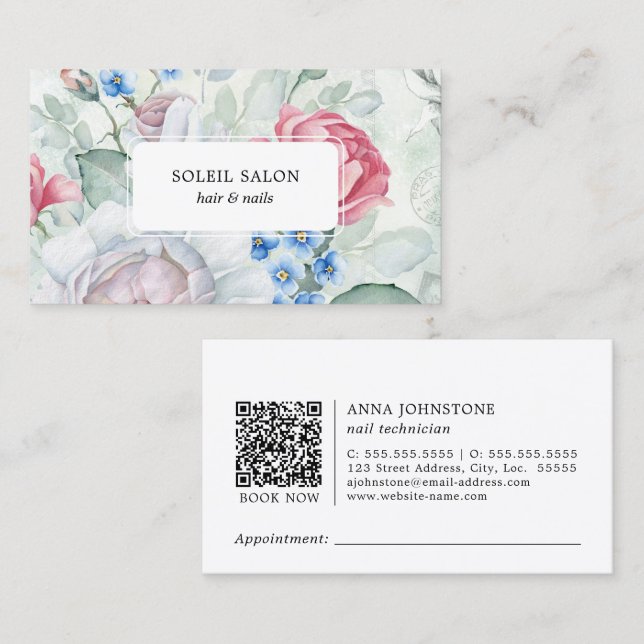 Carte De Visite Blooms Nail Salon QR Code | Nomination (Devant / Derrière)