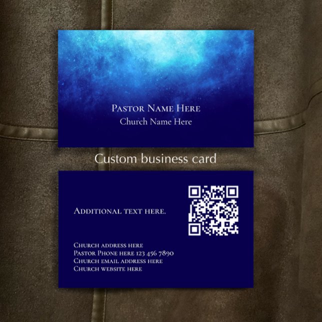 Carte De Visite Blue Custom Text Christian Church Pastor QR Code  (Personalize this unique modern custom business card template. Blue nebula original design.)