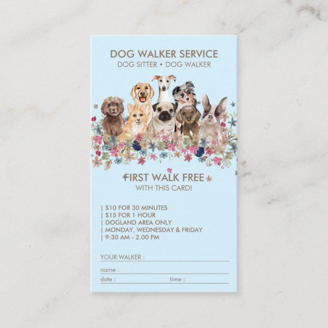 Carte De Visite Blue Dog Walker Service Nom cadeau gratuit (Devant)