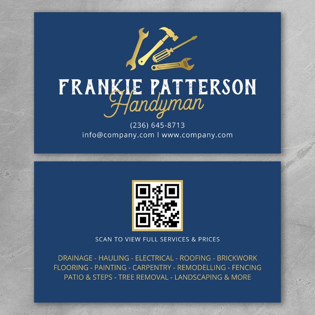 Carte De Visite Blue Gold Handyman Repair & Maintenance QR Code (Créateur téléchargé)