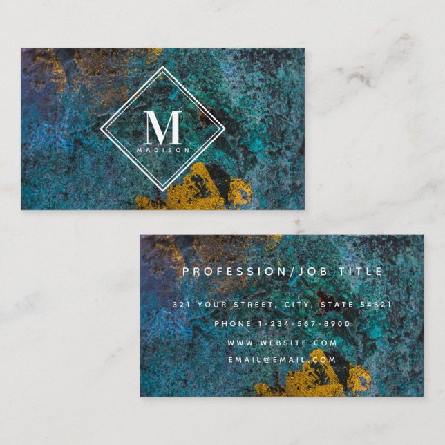 Carte De Visite Blue Gold Rust Metallic Texture Monogram Initial (Devant / Derrière)