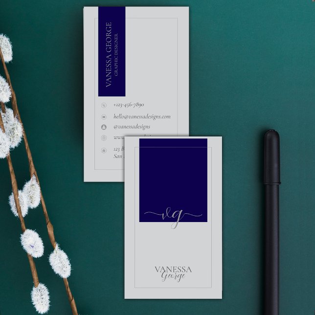 Carte De Visite Blue Grey Élégant Cute Moderne Monogramme Personna (Blue Grey Elegant Cute Modern Monogram Custom Business Card)