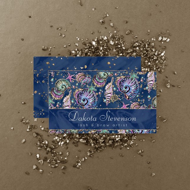 Carte De Visite Blue Luxe sous-marin | Coquillages d'or Pastel (Créateur téléchargé)