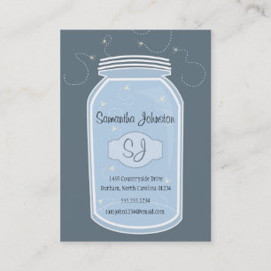 Carte De Visite Blue Mason Jar & Fireflies Enregistrer la date
