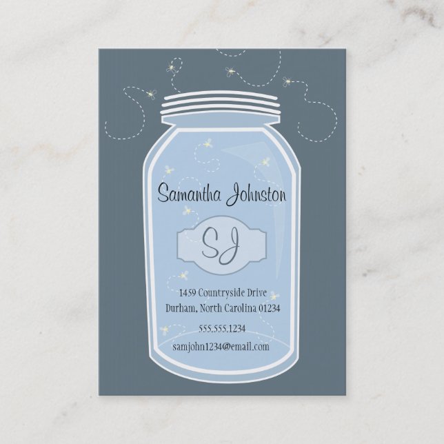 Carte De Visite Blue Mason Jar & Fireflies Enregistrer la date (Devant)