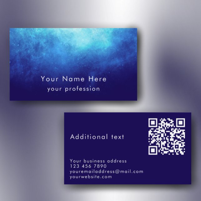 Carte De Visite Blue Nebula Custom Text Cool Modern QR Code (Personalize these unique blue nebula modern custom business card templates.)