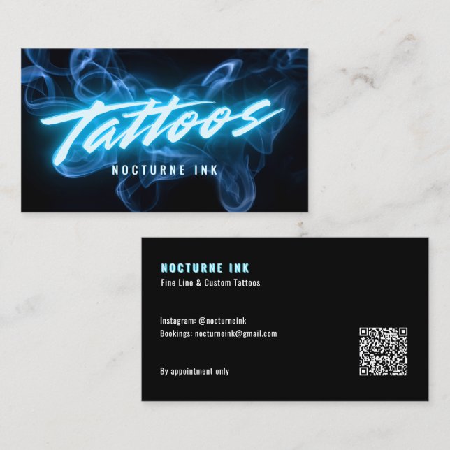 Carte De Visite Blue Neon & Smoke Tattoo Artist QR Code (Devant / Derrière)