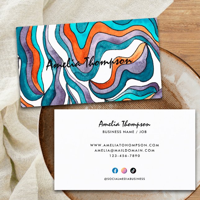 Carte De Visite Blue Orange Abstrait Wavy Lines Boho Super Retro (Front and Back)