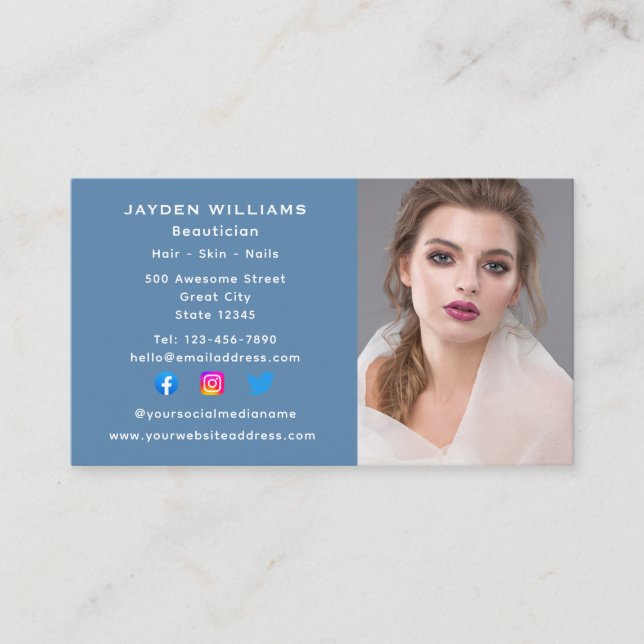 Carte De Visite Blue Social Media Beauticier Cosmetologue Photo (Devant)