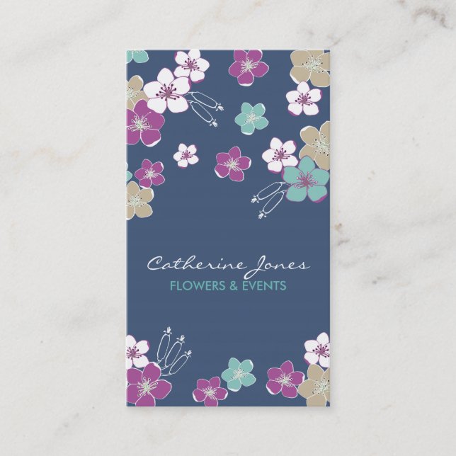 Carte De Visite Blue violet hawaiian exotic flowers illustration (Devant)