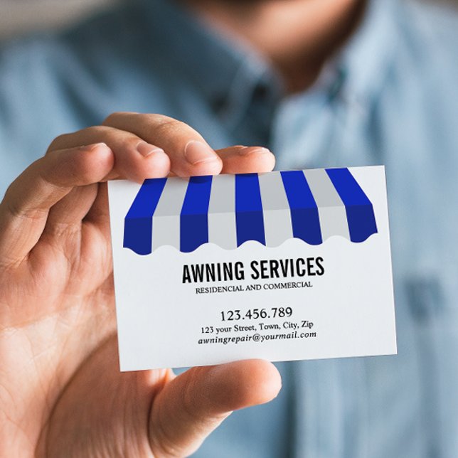 Carte De Visite Blue White Awning Services Nettoyage professionnel (Blue and White business card for awning services with lines of custom text and list of services)