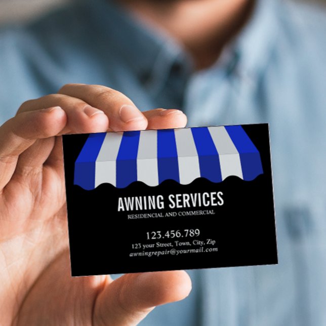 Carte De Visite Blue White Awning Services Nettoyage professionnel (Eye-Catching Blue and White Striped Awning Business Card with full contact and list of services)