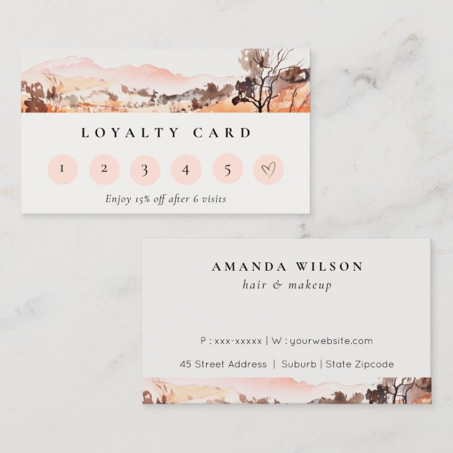 Carte De Visite Blush Orange Watercolor Mountain Loyality Card (Devant / Derrière)