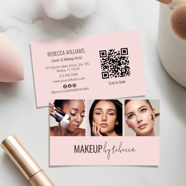 Carte De Visite Blush Pink 3 Photo QR Code Modern Makeup (An elegant and modern aesthetic for your makeup business, with fully customizable photos & QR code)