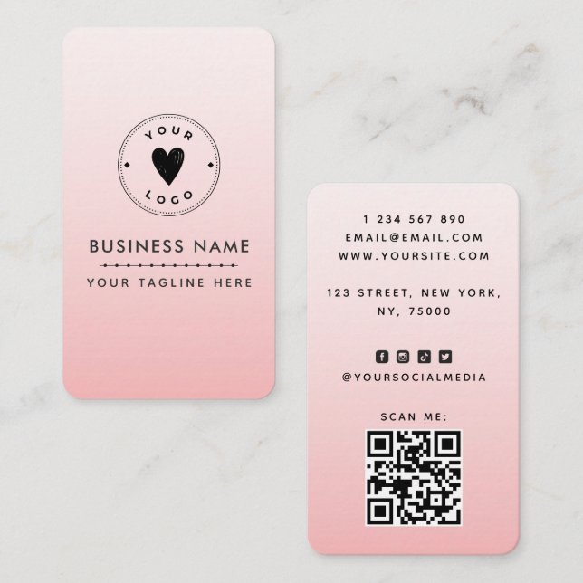 Carte De Visite Blush Pink Ajouter votre logo mignon Code QR Média (Devant / Derrière)