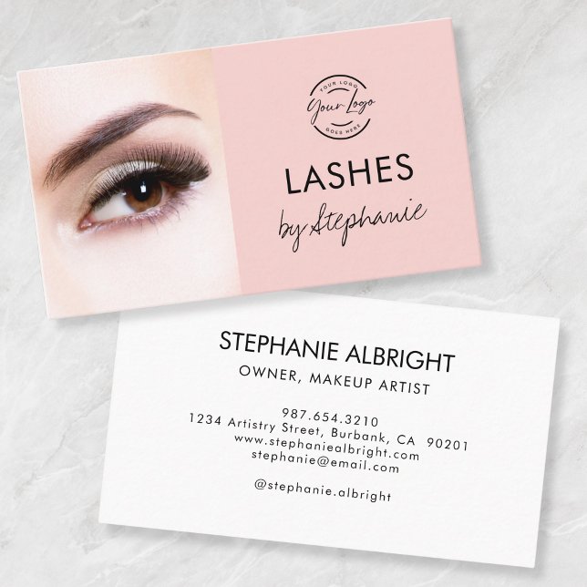 Carte De Visite Blush Pink Black Script Photo Lashes Studio (Créateur téléchargé)