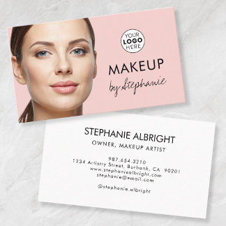 Carte De Visite Blush Pink Black Script Photo Makeup Business Card