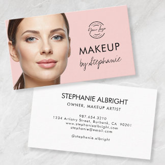 Carte De Visite Blush Pink Black Script Photo Makeup Business Card