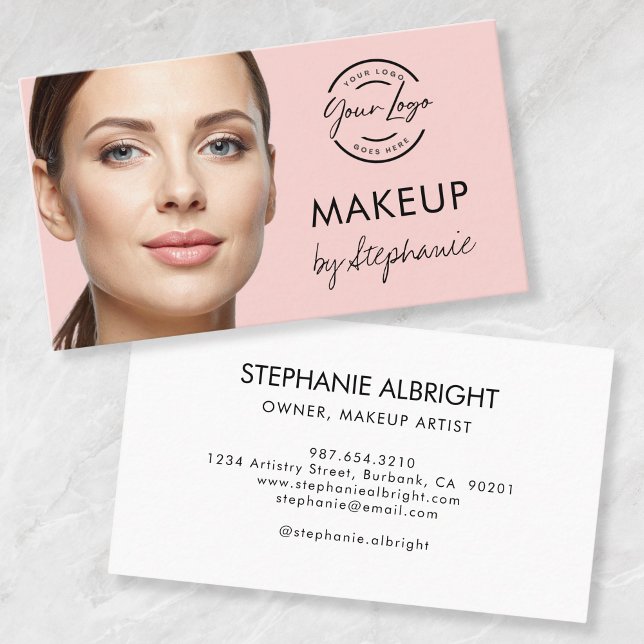Carte De Visite Blush Pink Black Script Photo Makeup Business Card (Créateur téléchargé)