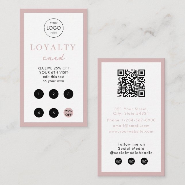 Carte De Visite Blush Pink Business Logo QR Code Loyauté (Devant / Derrière)