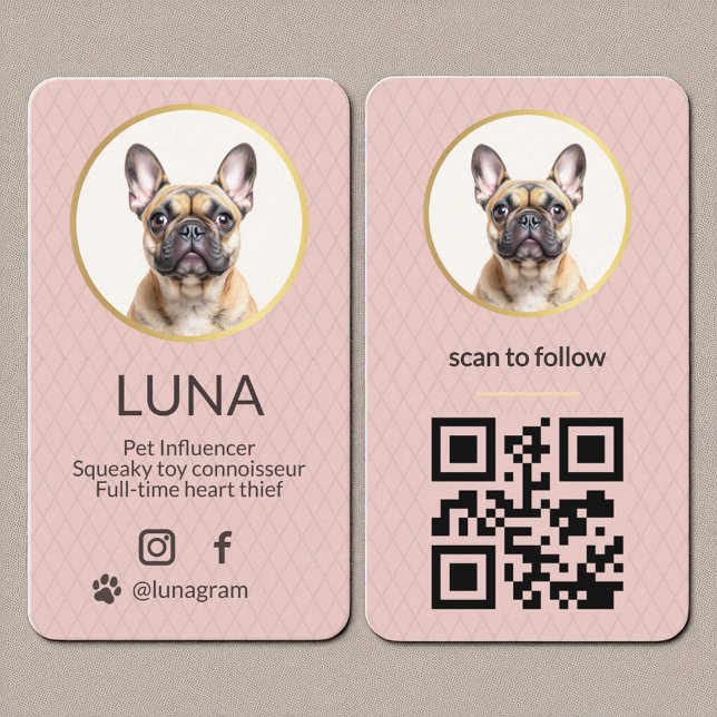Carte De Visite Blush Pink Chig Pet Photo Médias sociaux QR Code (Créateur téléchargé)