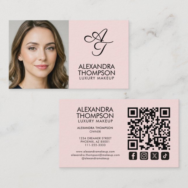 Carte De Visite Blush Pink Monogram Makeup Qr Code Social Icon (Devant / Derrière)
