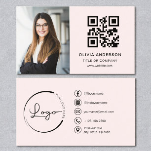 Carte De Visite Blush Pink Photo QR Code Médias sociaux