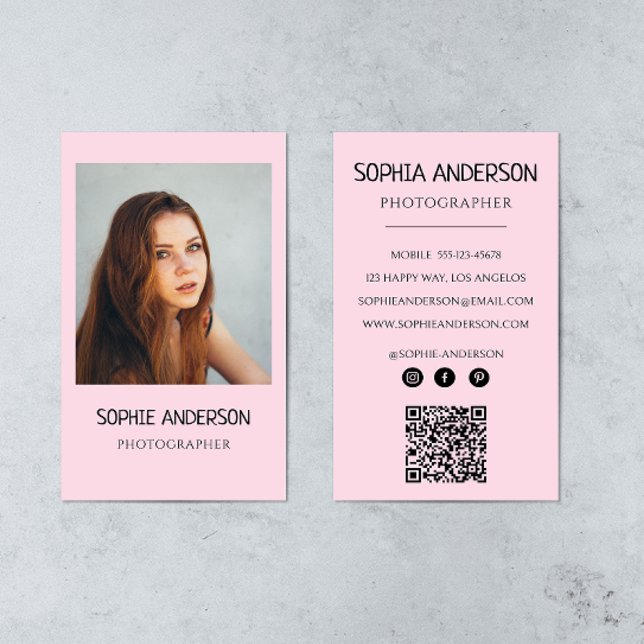 Carte De Visite Blush Pink Photographe Photo with QR Code (Créateur téléchargé)