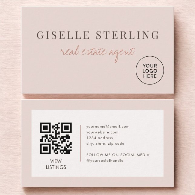 Carte De Visite Blush Pink Real Estate Agent Logo QR Code (Créateur téléchargé)
