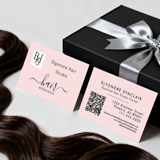 Carte De Visite Blush Pink Script Logo QR Code Hair Extension (Créateur téléchargé)