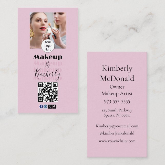 Carte De Visite Blush Pink Script Logo QR Code Photo Makeup (Devant / Derrière)