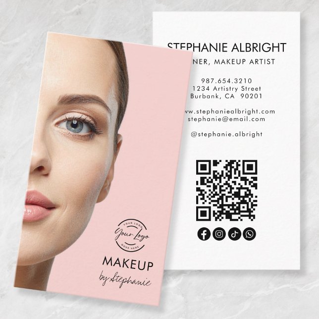 Carte De Visite Blush Pink Script Logo QR Code Photo Makeup (Créateur téléchargé)