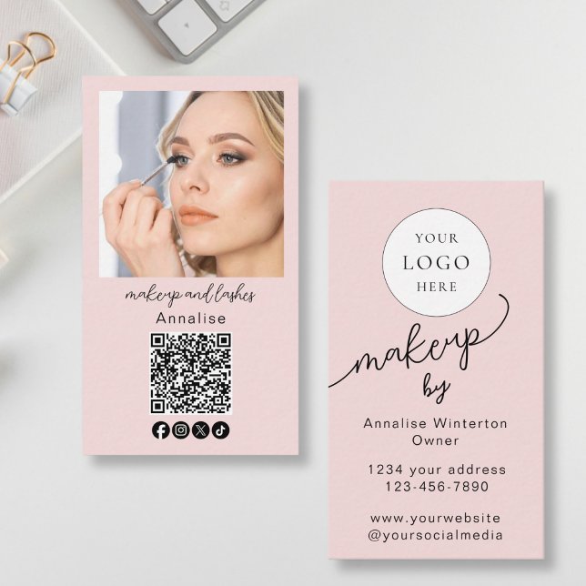 Carte De Visite Blush Pink Script Logo QR Code Photo Makeup (Créateur téléchargé)