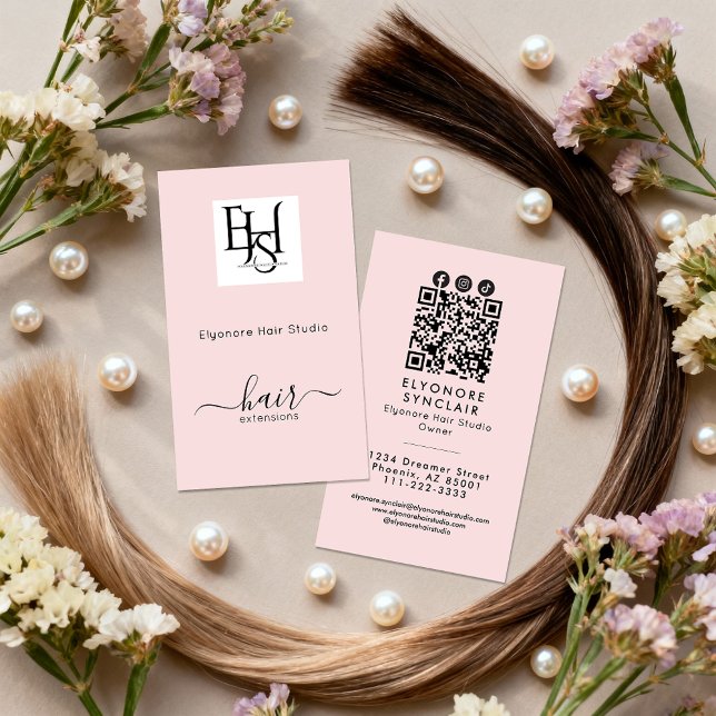 Carte De Visite Blush Pink Script Logo QR Social Hair Extension (Créateur téléchargé)