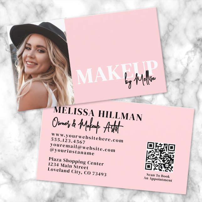 Carte De Visite Blush Pink Script QR Code Photo Makeup (Blush Pink Script Logo Makeup Name Tag)