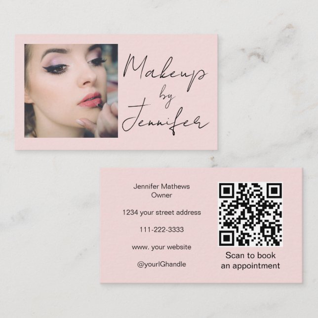 Carte De Visite Blush Pink Script Social Icon QR Code Photo Makeup (Devant / Derrière)
