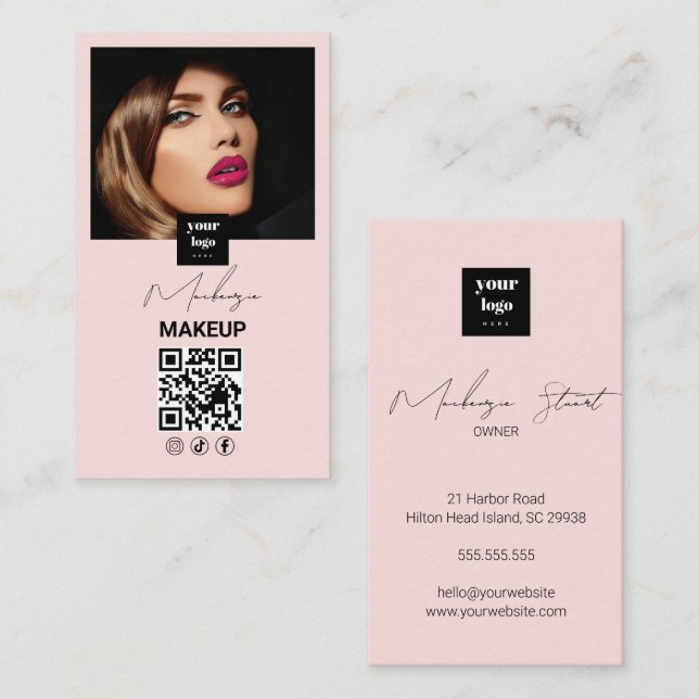 Carte De Visite Blush Pink Script Social Icon QR Code Photo Makeup (Devant / Derrière)