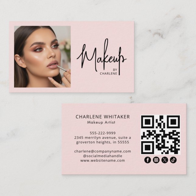 Carte De Visite Blush Pink Script Social Icon QR Code Photo Makeup (Devant / Derrière)