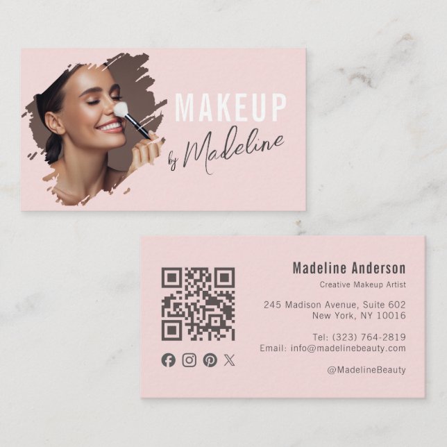 Carte De Visite Blush Pink Script Social Icon QR Code Photo Makeup (Devant / Derrière)