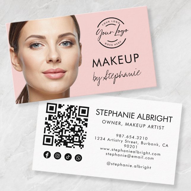 Carte De Visite Blush Pink Script Social Icon QR Code Photo Makeup (Créateur téléchargé)