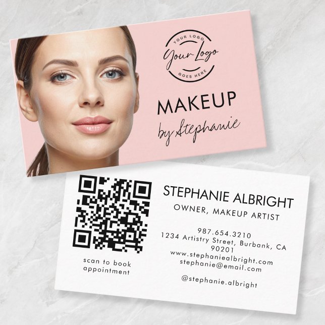Carte De Visite Blush Pink Script Social Icon QR Code Photo Makeup (Créateur téléchargé)
