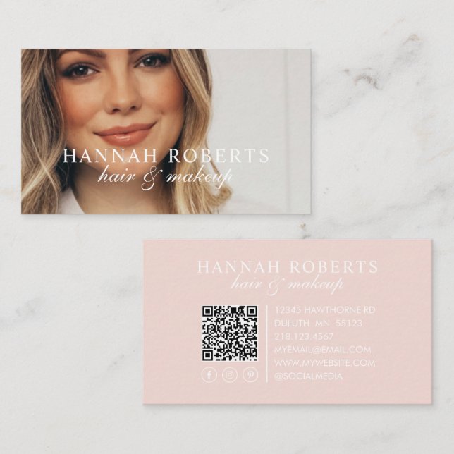 Carte De Visite Blush Pink Script Social QR Code Photo Hair Makeup (Devant / Derrière)