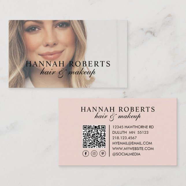 Carte De Visite Blush Pink Script Social QR Code Photo Hair Makeup (Devant / Derrière)