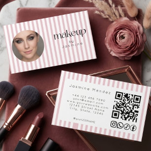 Carte De Visite Blush Pink Stripe Photo MUA QR Code Icônes sociale